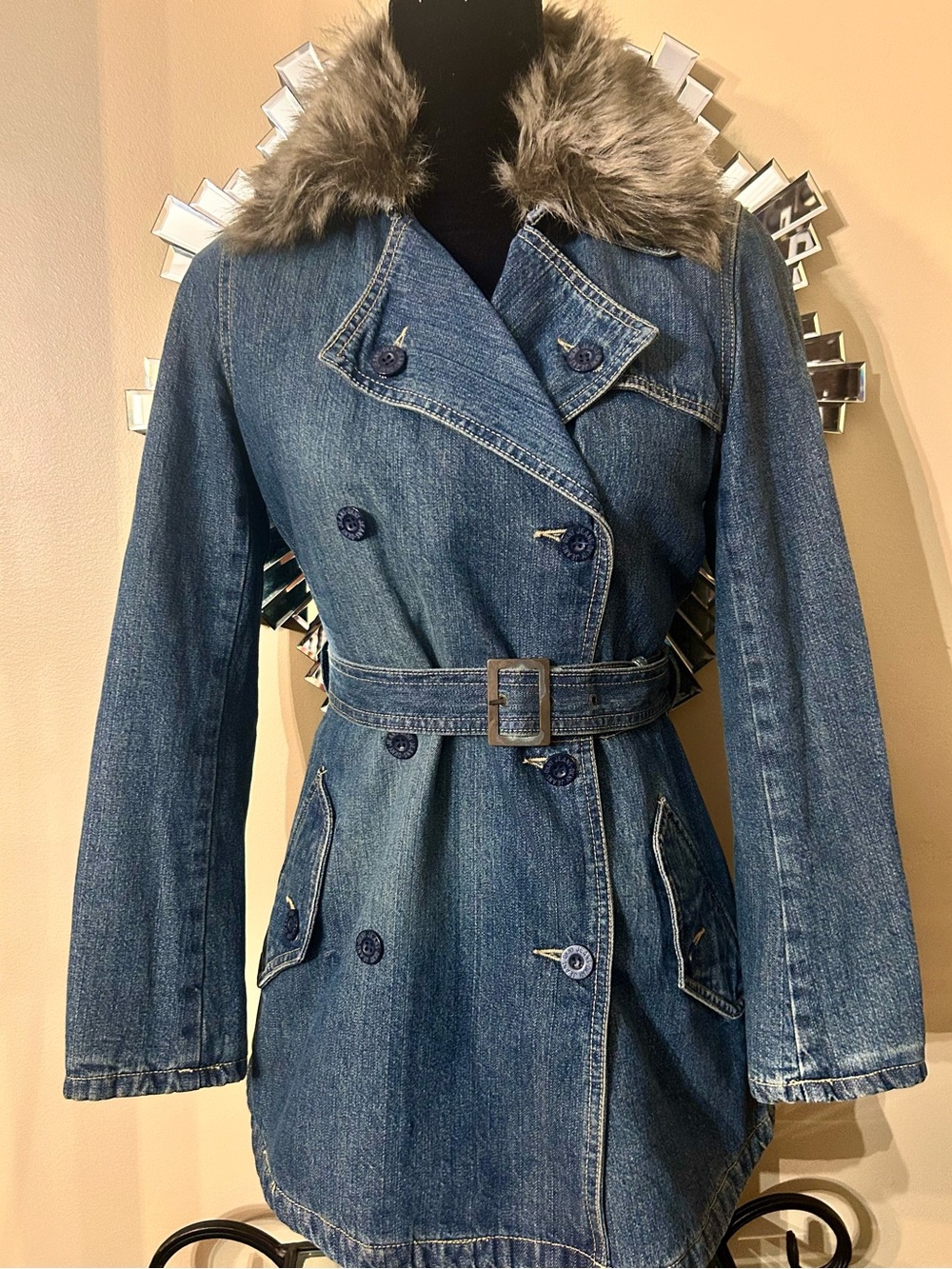 DKNY Denim Trench Coat with Faux Fur Collar